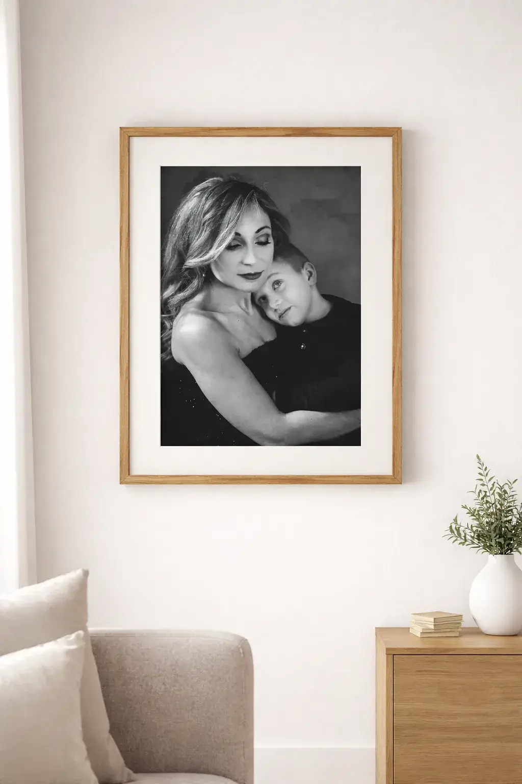 Ritratto madre e figlio in bianco e nero, fotografia fine art stampata e incorniciata